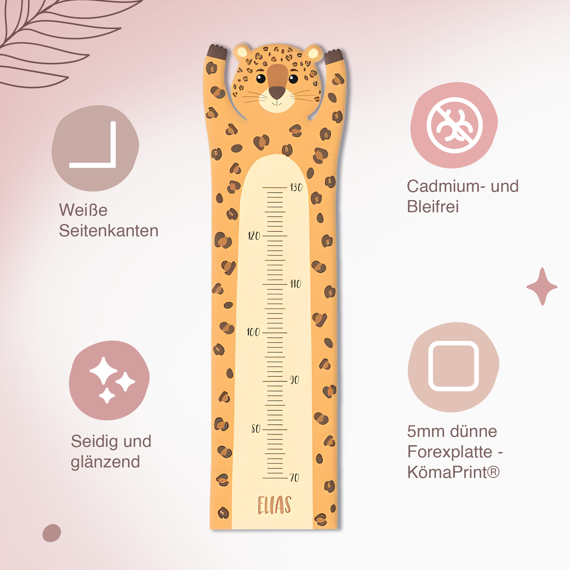 Messlatte für Kinder personalisiert mit Namen und eigenen Texten - Design Leopard ganz groß