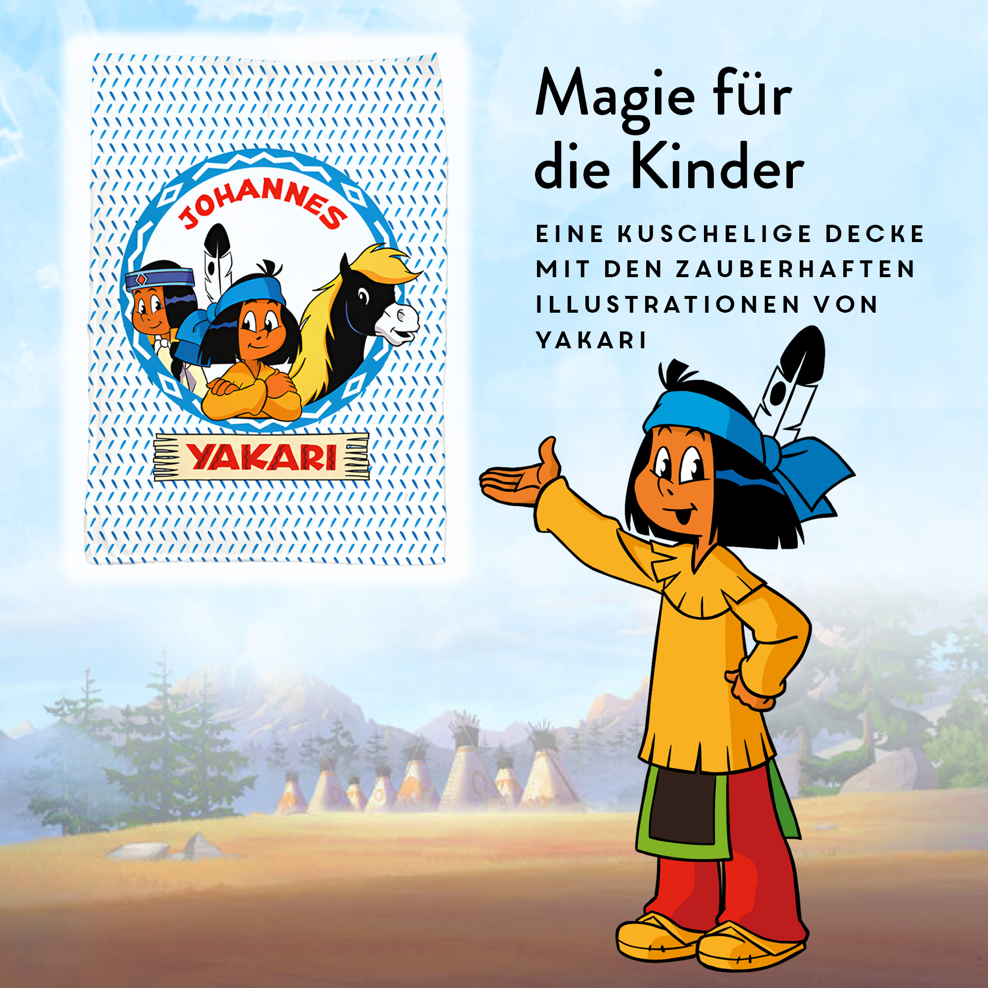 Yakari Kuscheldecke mit dem Design Yakari beste Freunde in 3 Größen