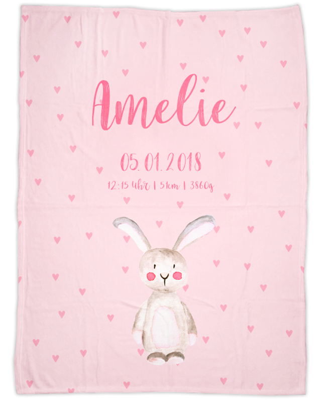Flauschige Kuscheldecke mit Namen oder Text personalisierbar im Design Hase in Rosa in drei Größen