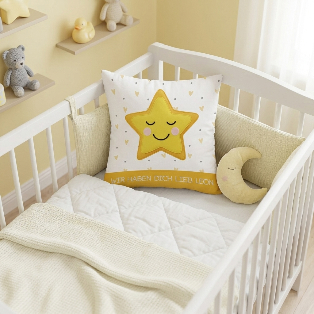 Personalisiertes Kissen „Schlummer-Stern“ – Kuschelweich in Stick-Optik