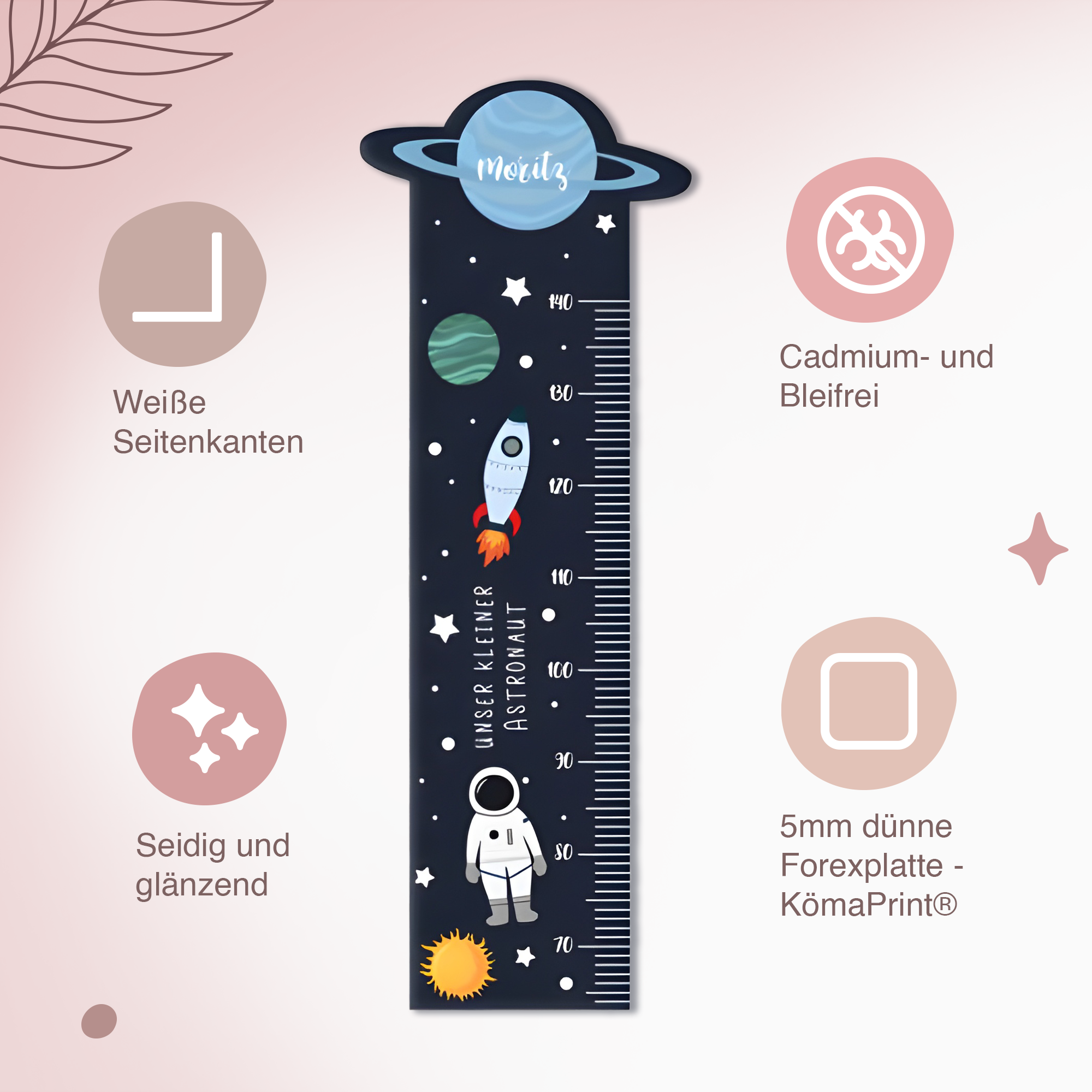 Messlatte für Kinder personalisiert mit Namen und eigenen Texten - Design Astronaut