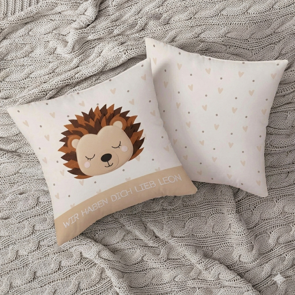 Personalisiertes Kissen „Schlummer-Igel“ – Kuschelweich in Stick-Optik