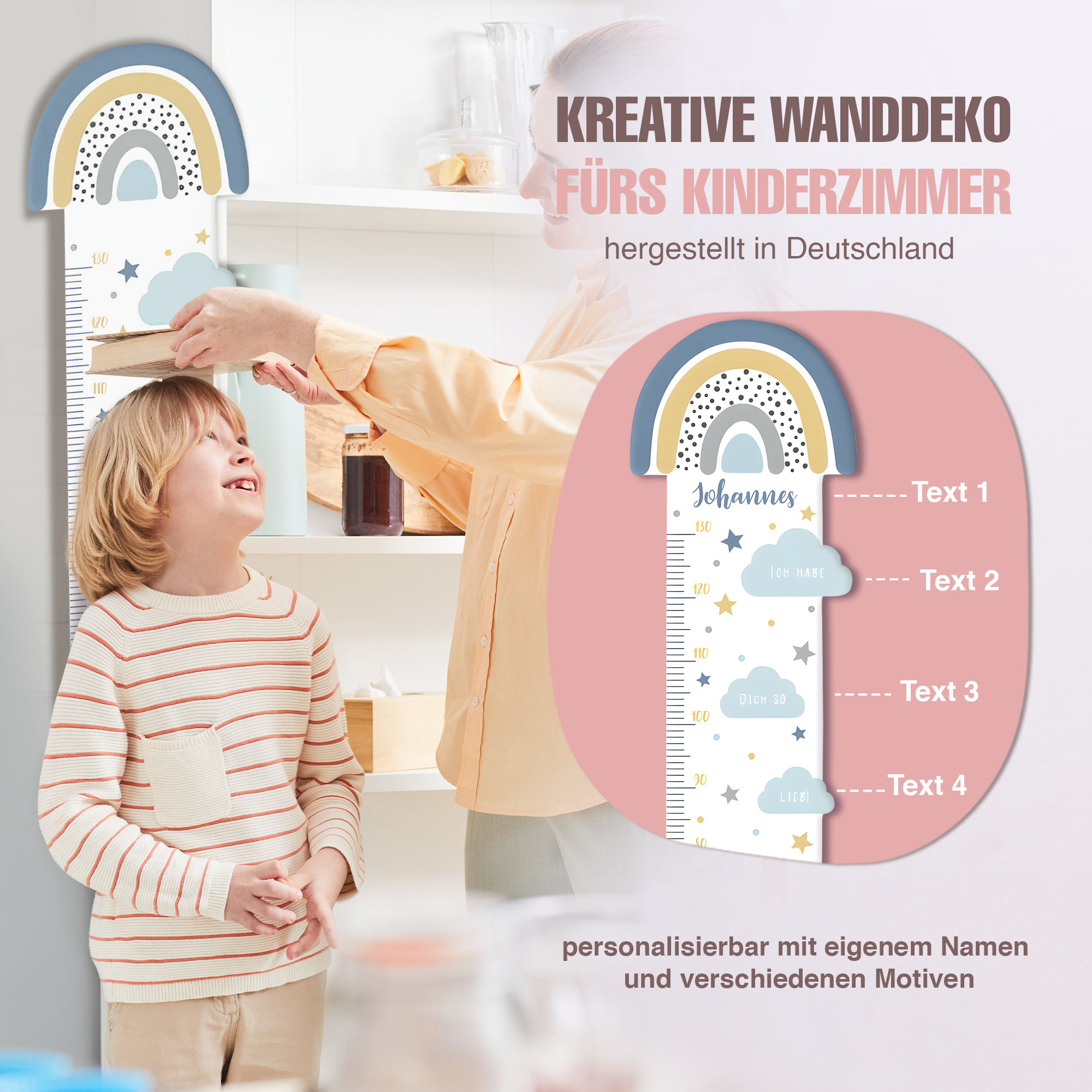 Messlatte für Kinder personalisiert mit Namen und eigenen Texten - Design Regenbogen Sternchen