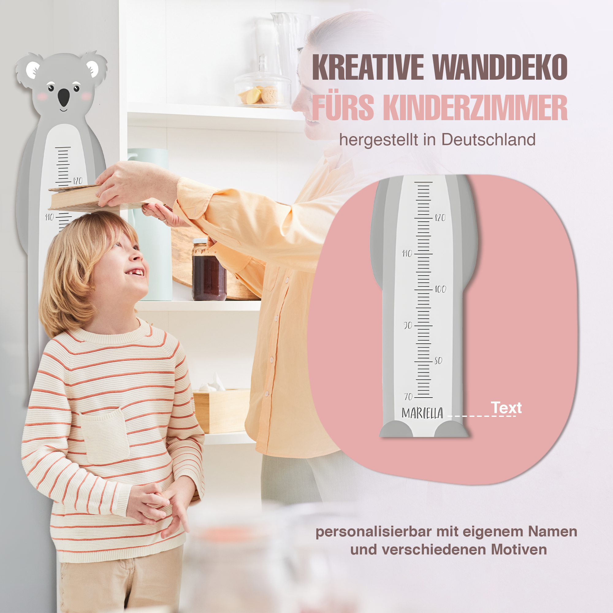 Messlatte für Kinder personalisiert mit Namen und eigenen Texten - Design Koala