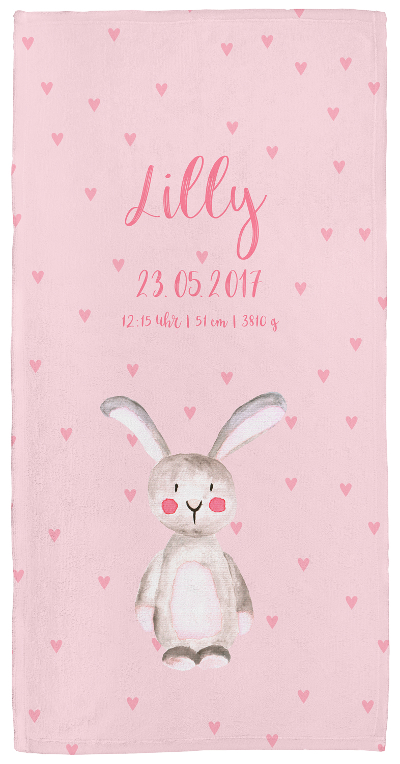 Handtuch mit Namen oder Text personalisierbar im Design Hase in Rosa in drei Größen 
