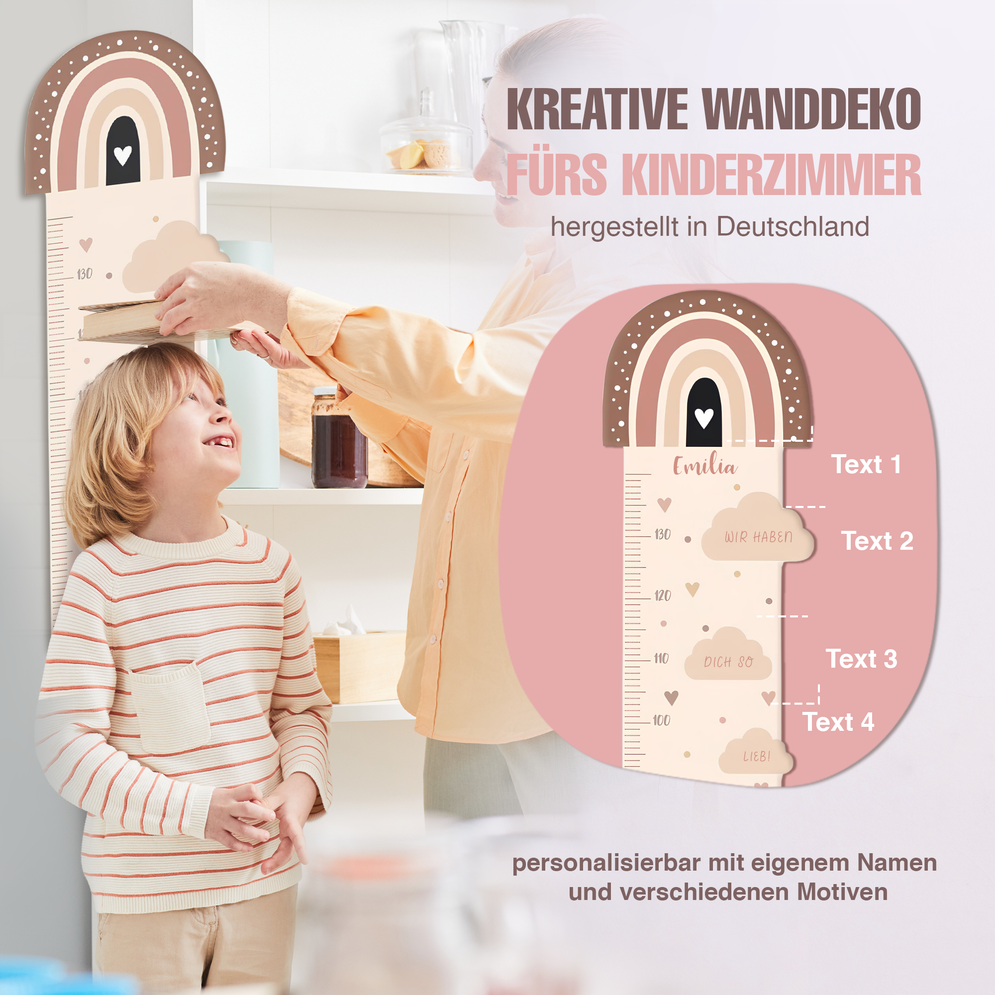 Messlatte für Kinder personalisiert mit Namen und eigenen Texten - Design Regenbogen Herzchen
