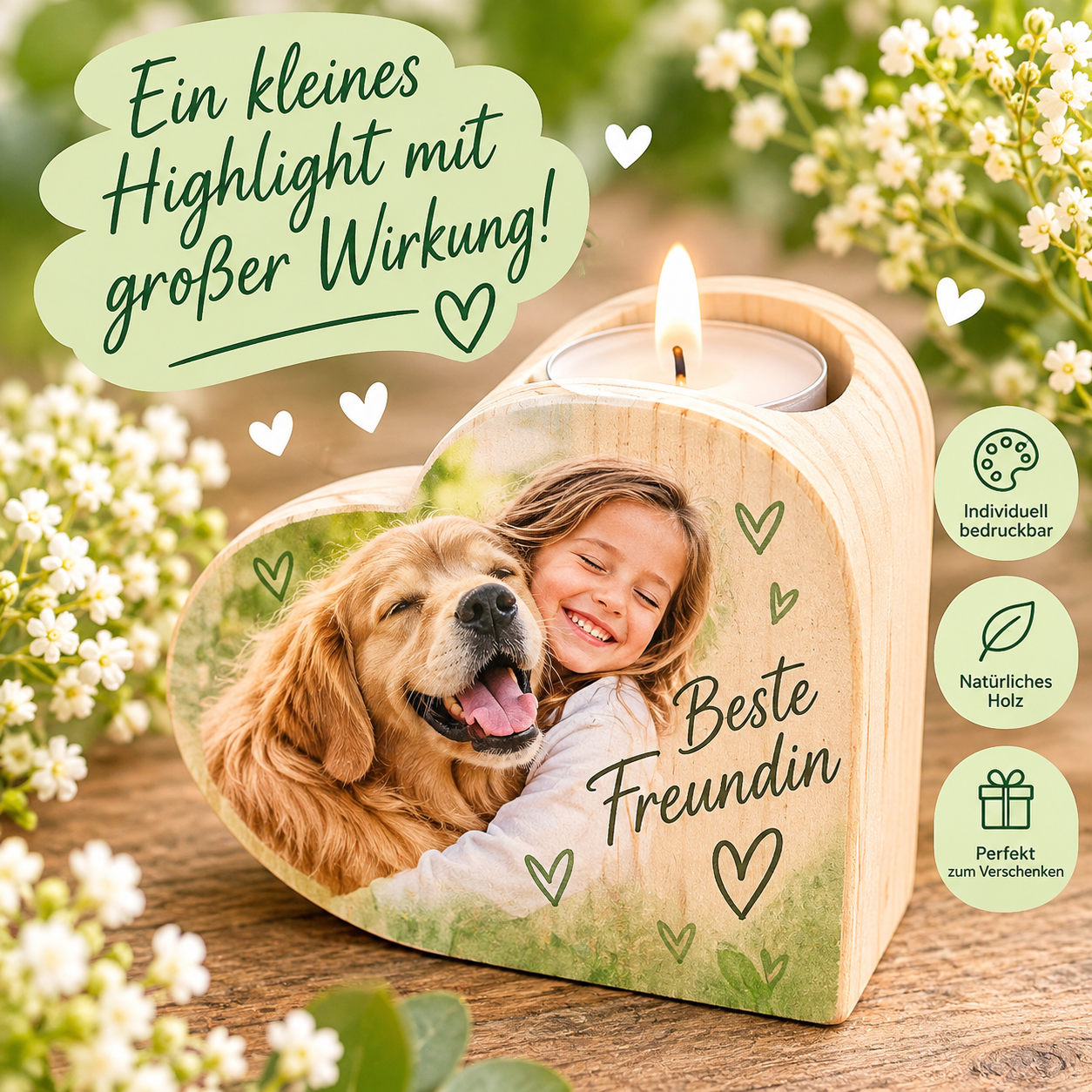 Personalisierter Teelichthalter aus Holz mit Foto oder Namen in eleganter Herzform