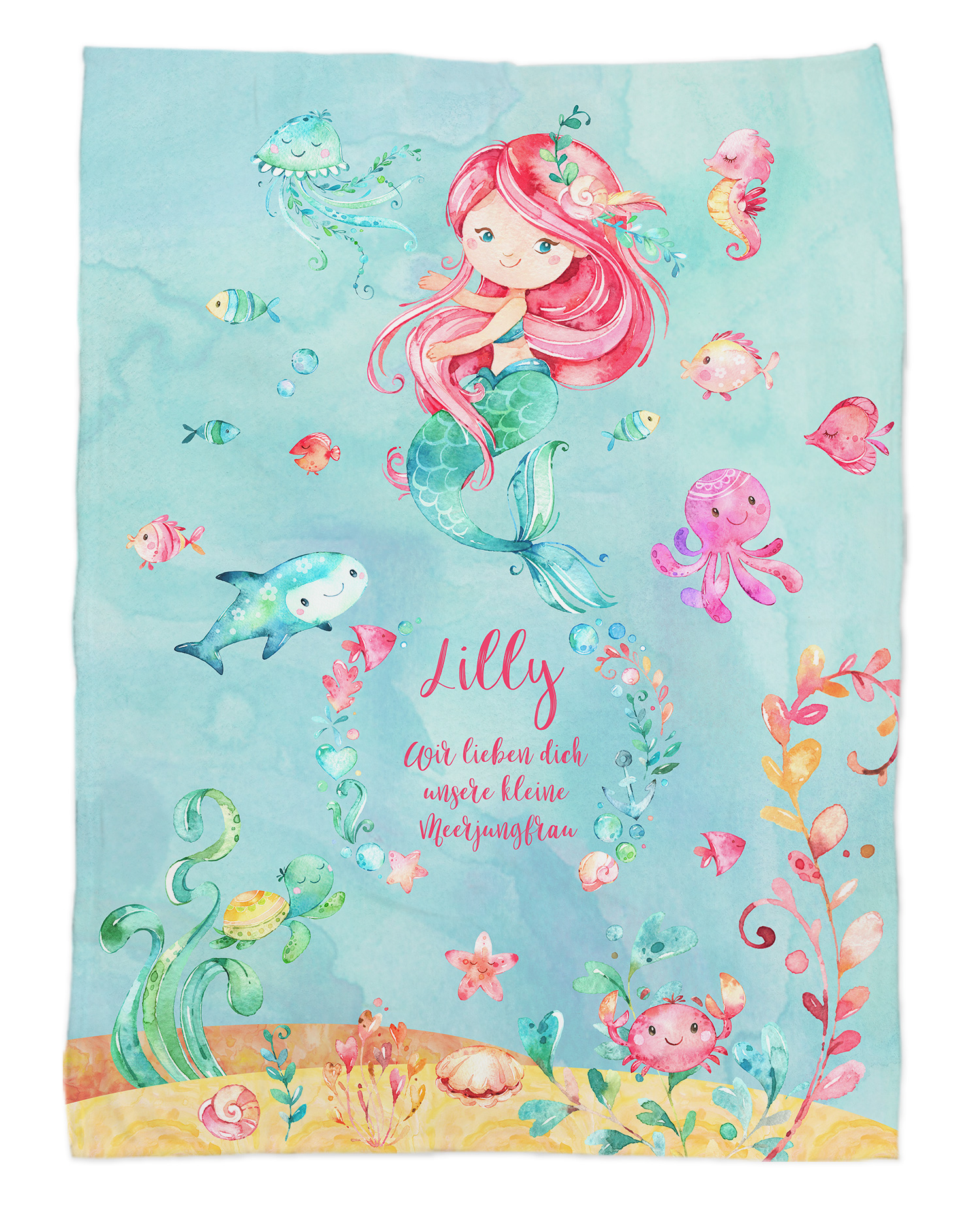 Flauschige Kuscheldecke mit Namen oder Text personalisierbar im Design Meerjungfrau