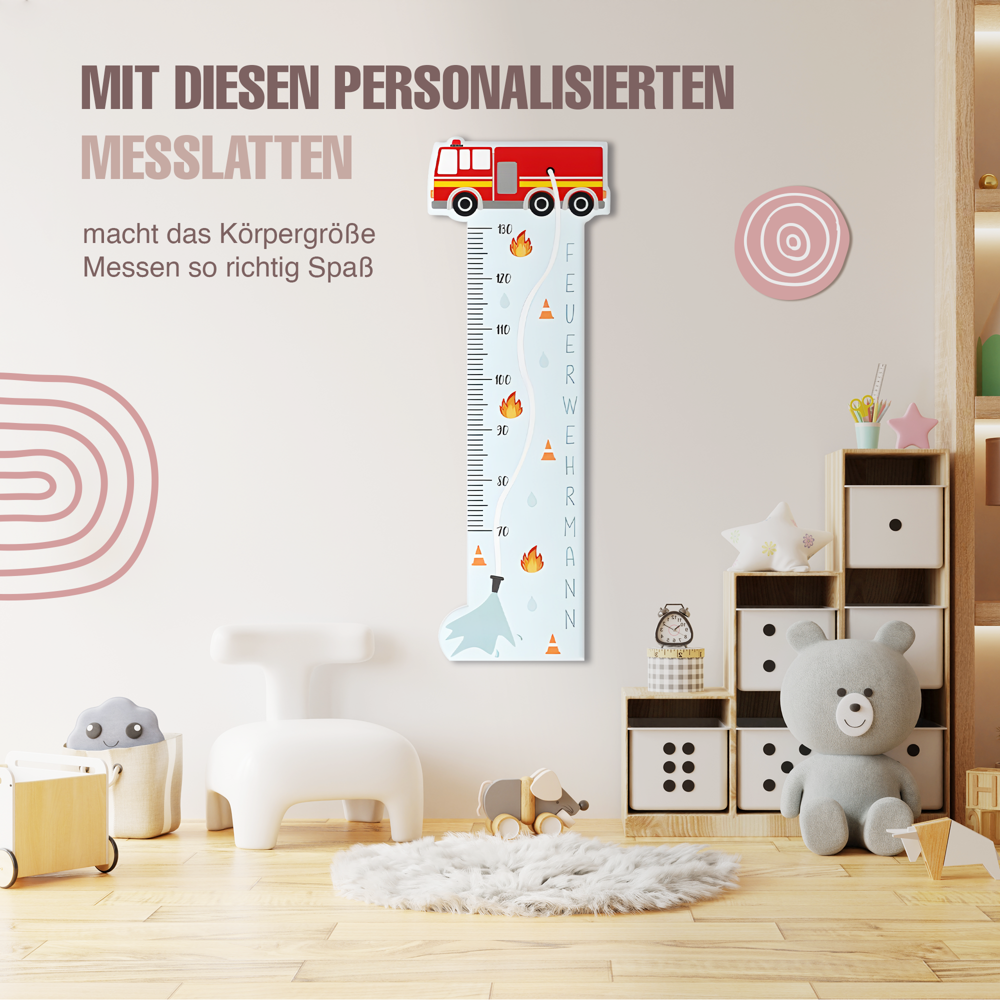 Messlatte für Kinder personalisiert mit Namen und eigenen Texten - Design Feuerwehr