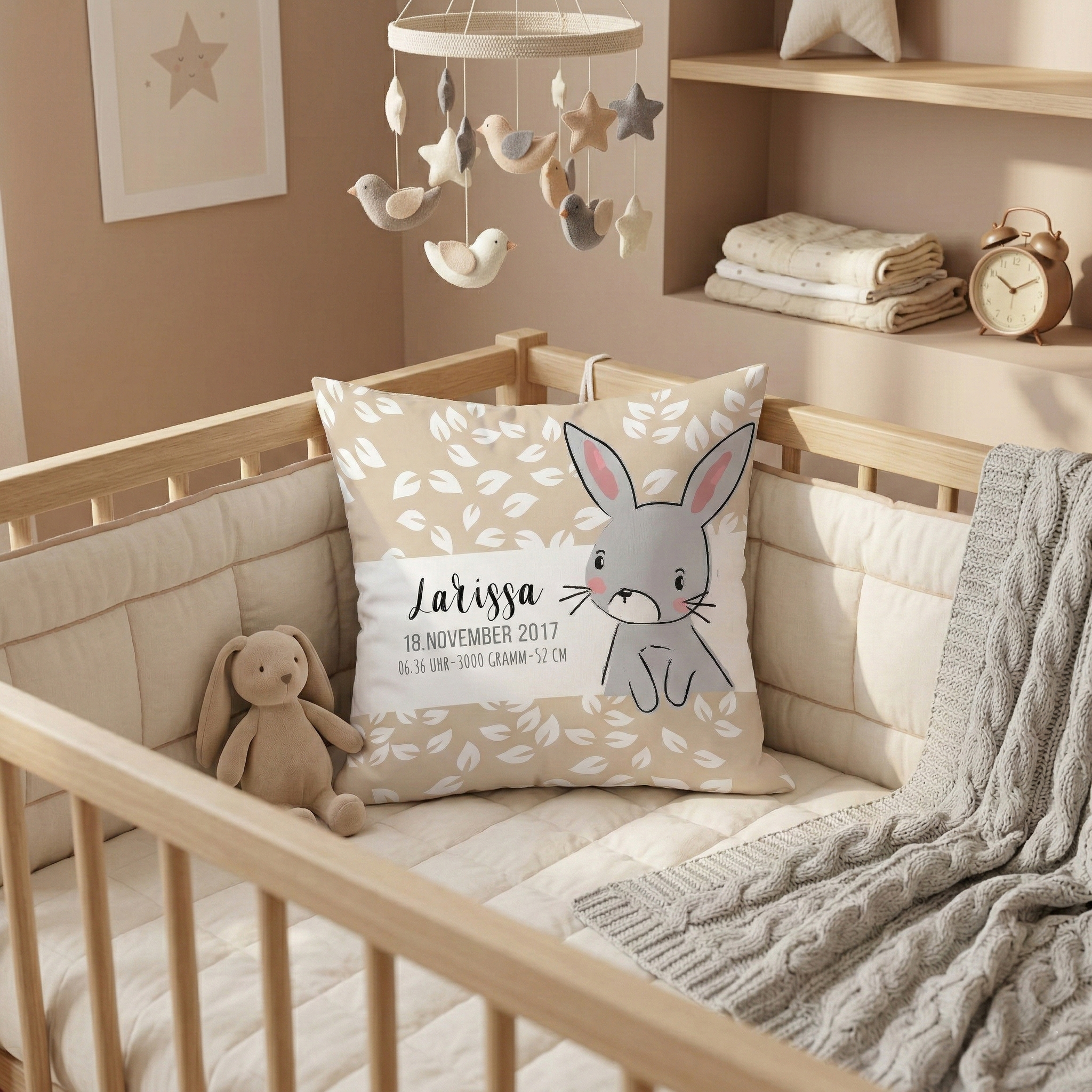 Kissen 40x40 cm inklusive Innenkissen mit Namen oder Text personalisierbar im Design Hase mit Blätter