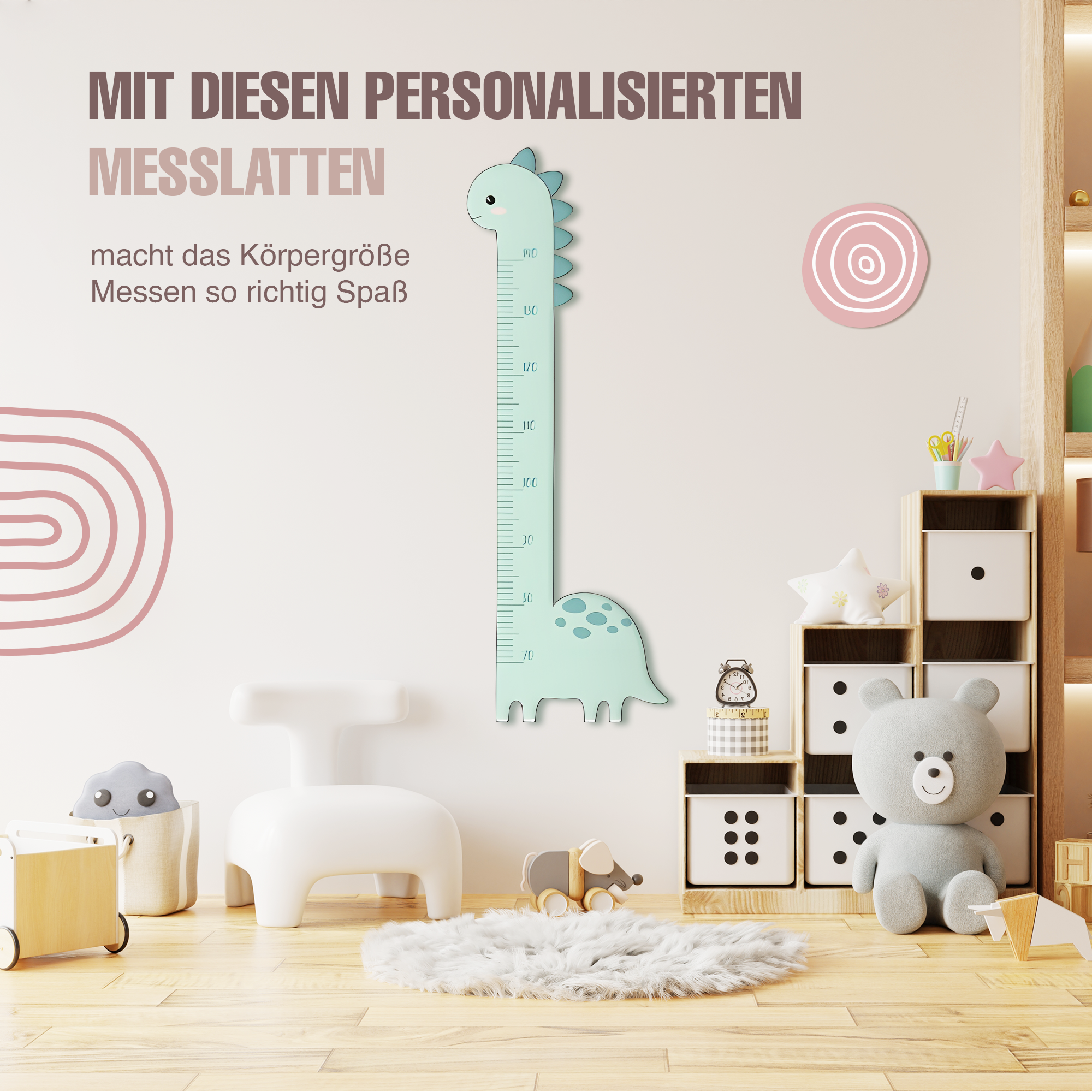 Messlatte für Kinder personalisiert mit Namen und eigenen Texten - Design Dino