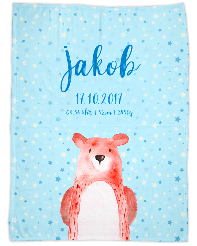 Flauschige Kuscheldecke mit Namen oder Text personalisierbar im Design Bär in blau in drei Größen 