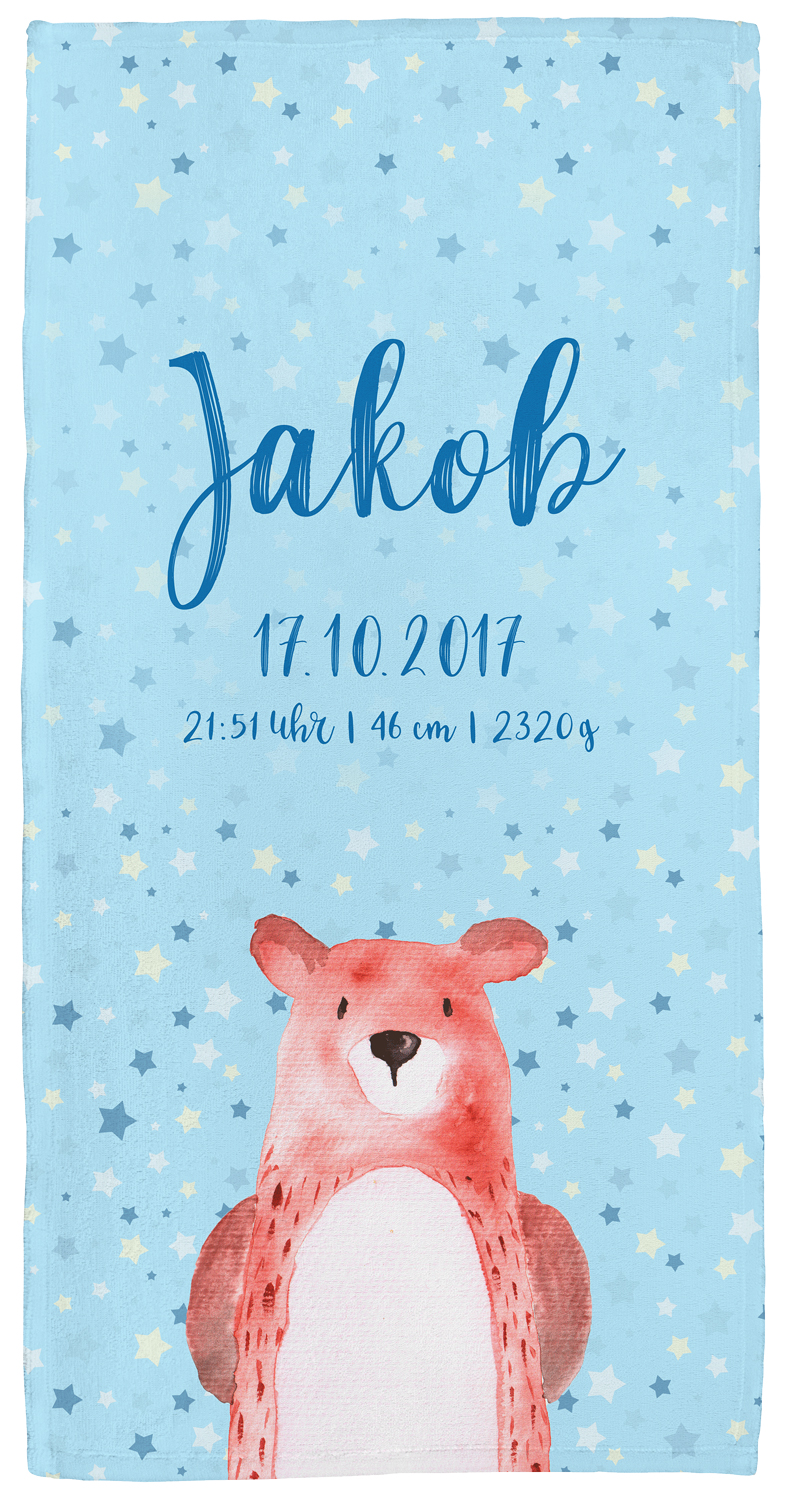 Handtuch mit Namen personalisierbar mit dem Design Bär blau in drei Größen