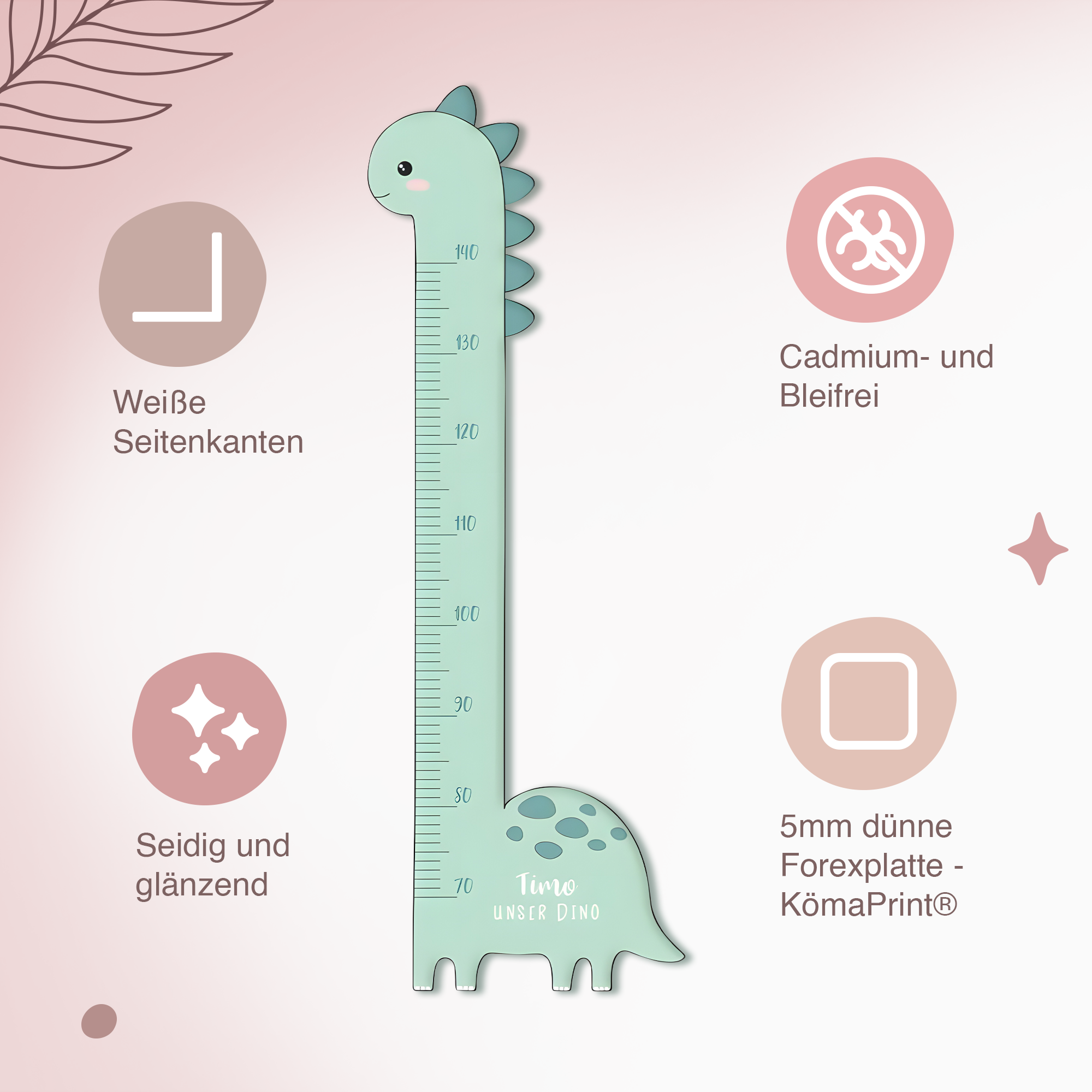 Messlatte für Kinder personalisiert mit Namen und eigenen Texten - Design Dino