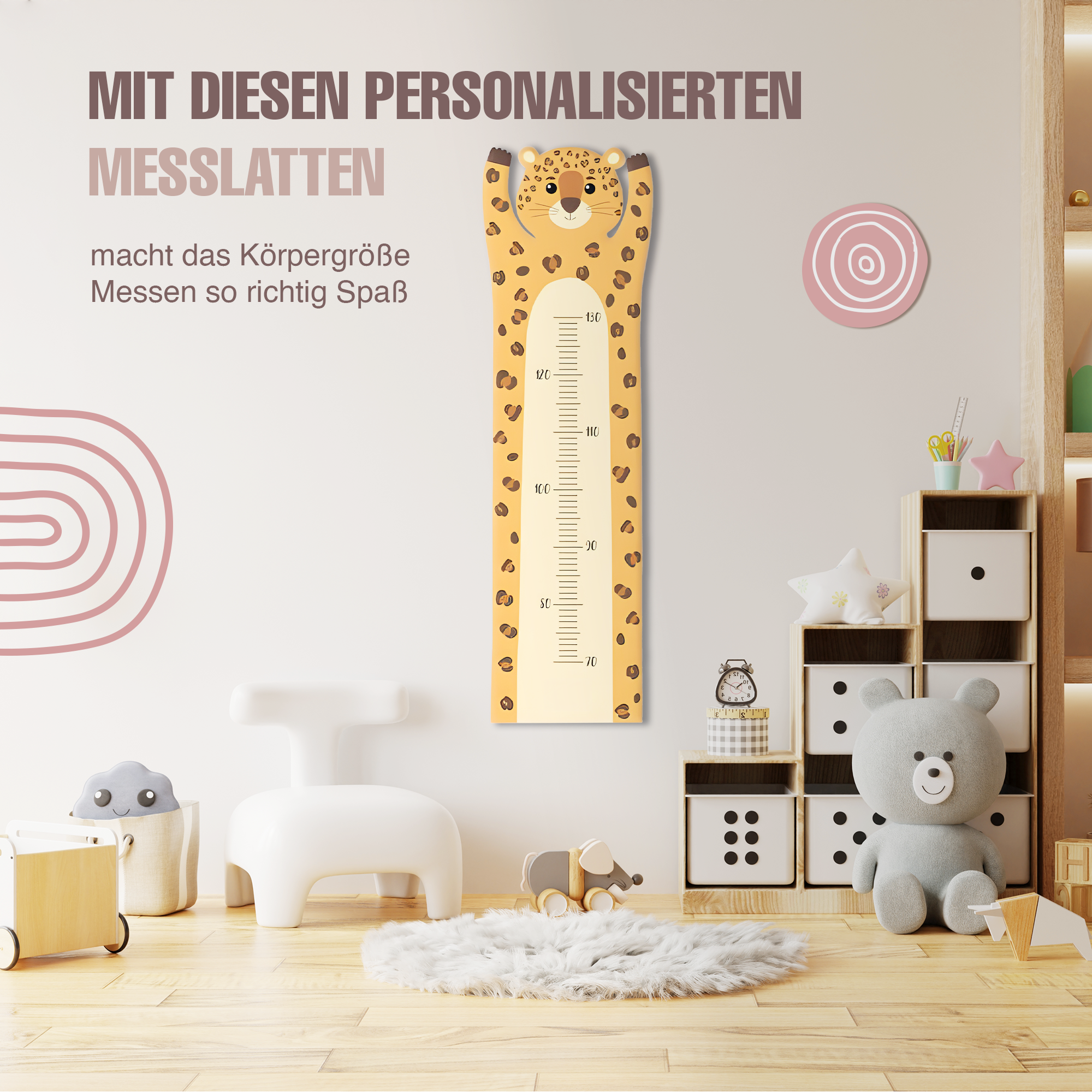 Messlatte für Kinder personalisiert mit Namen und eigenen Texten - Design Leopard ganz groß