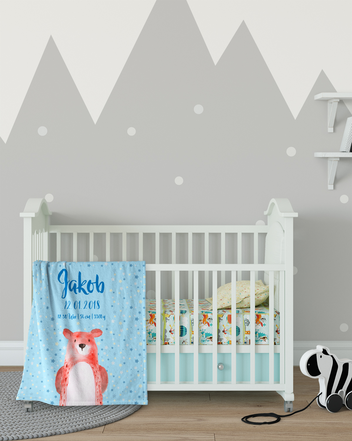 Flauschige 75x100 cm Kuscheldecke mit Namen oder Text personalisierbar im Design Bär in blau