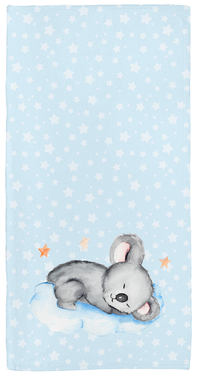 Handtuch mit Namen oder Text personaliserbar im Design Koala in blau in drei Größen