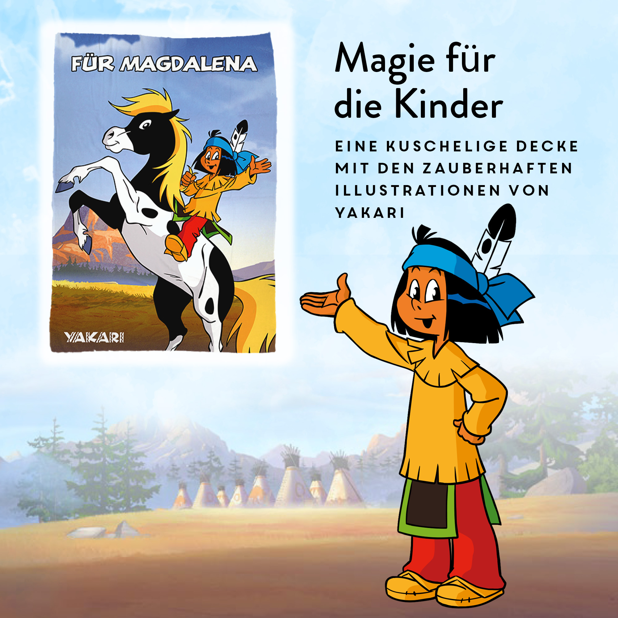 Yakari Kuscheldecke mit dem Design Yakari Pesade mit Pferd in 3 Größen