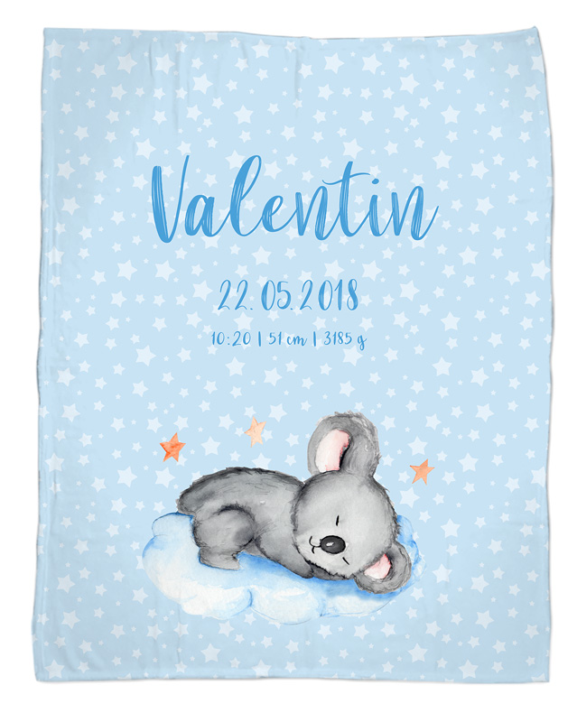 Flauschige Kuscheldecke mit Namen oder Text personalisierbar im Design Koala in babyblau