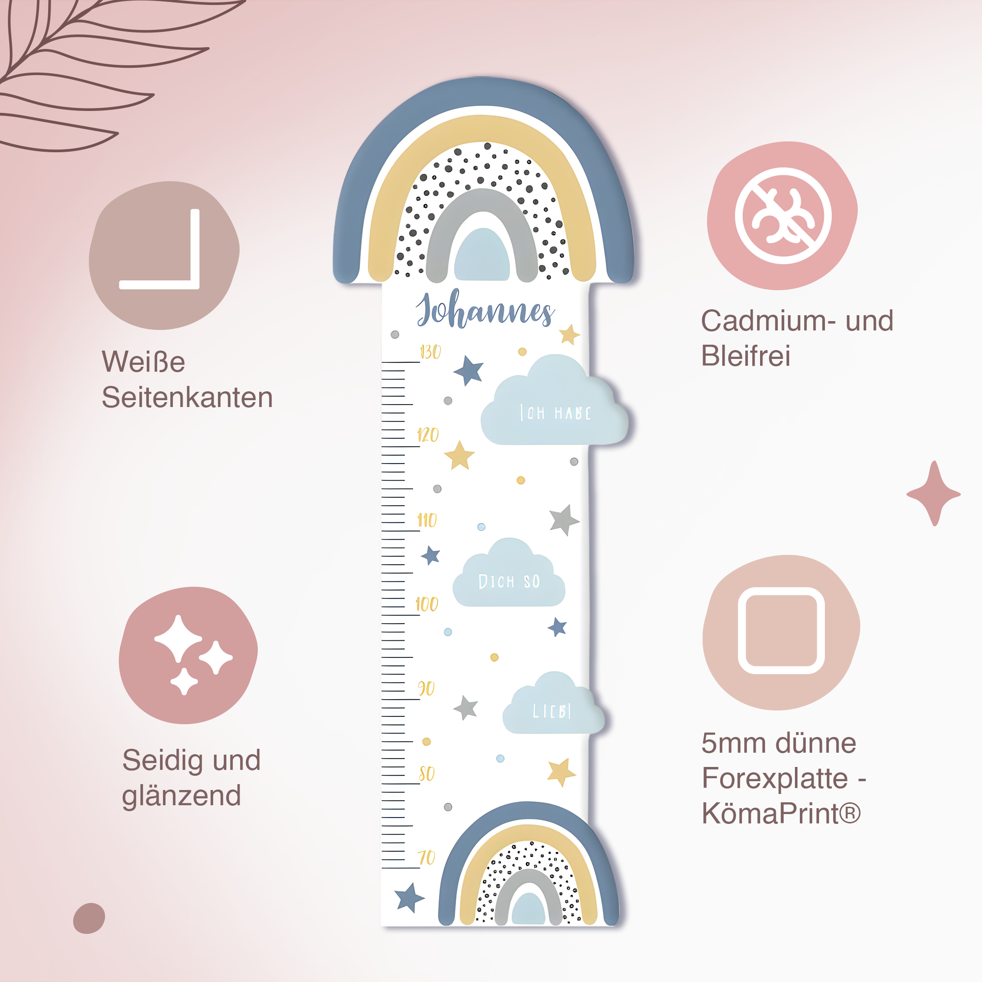 Messlatte für Kinder personalisiert mit Namen und eigenen Texten - Design Regenbogen Sternchen