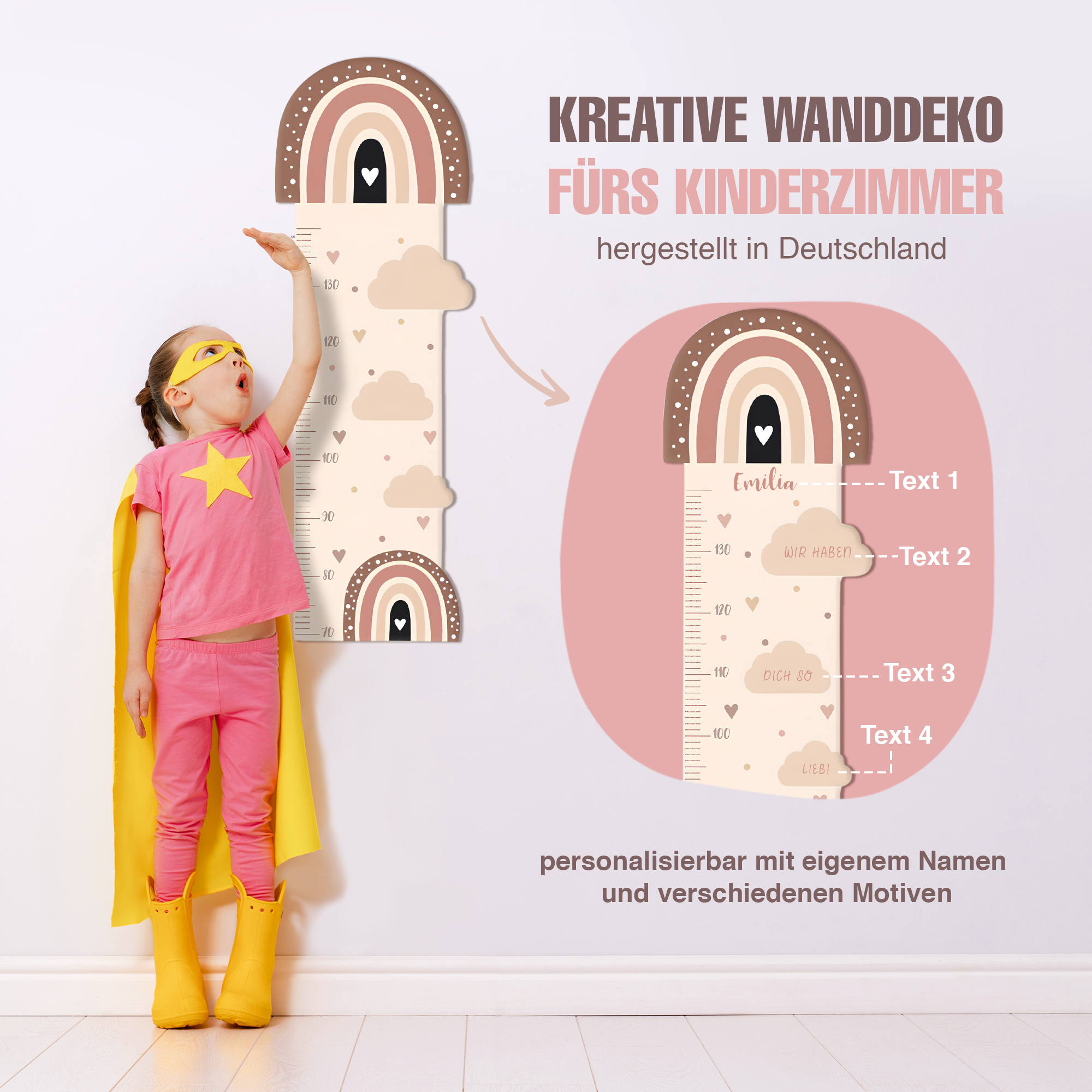 Messlatte für Kinder personalisiert mit Namen und eigenen Texten - Design Regenbogen Herzchen