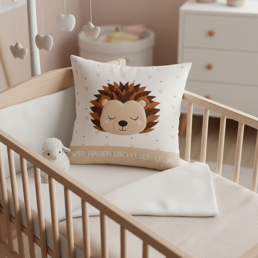 Personalisiertes Kissen „Schlummer-Igel“ – Kuschelweich in Stick-Optik