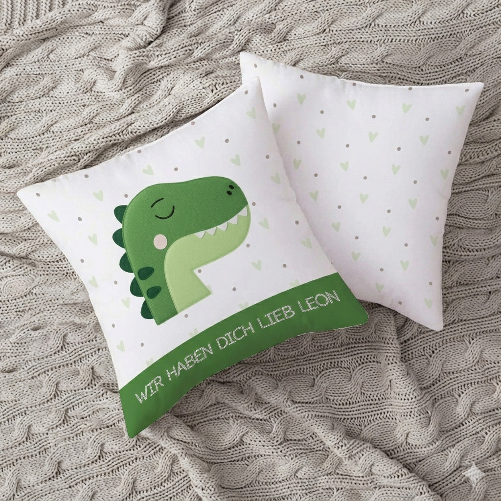 Personalisiertes Kissen „Schlummer-Dino“ – Kuschelweich in Stick-Optik