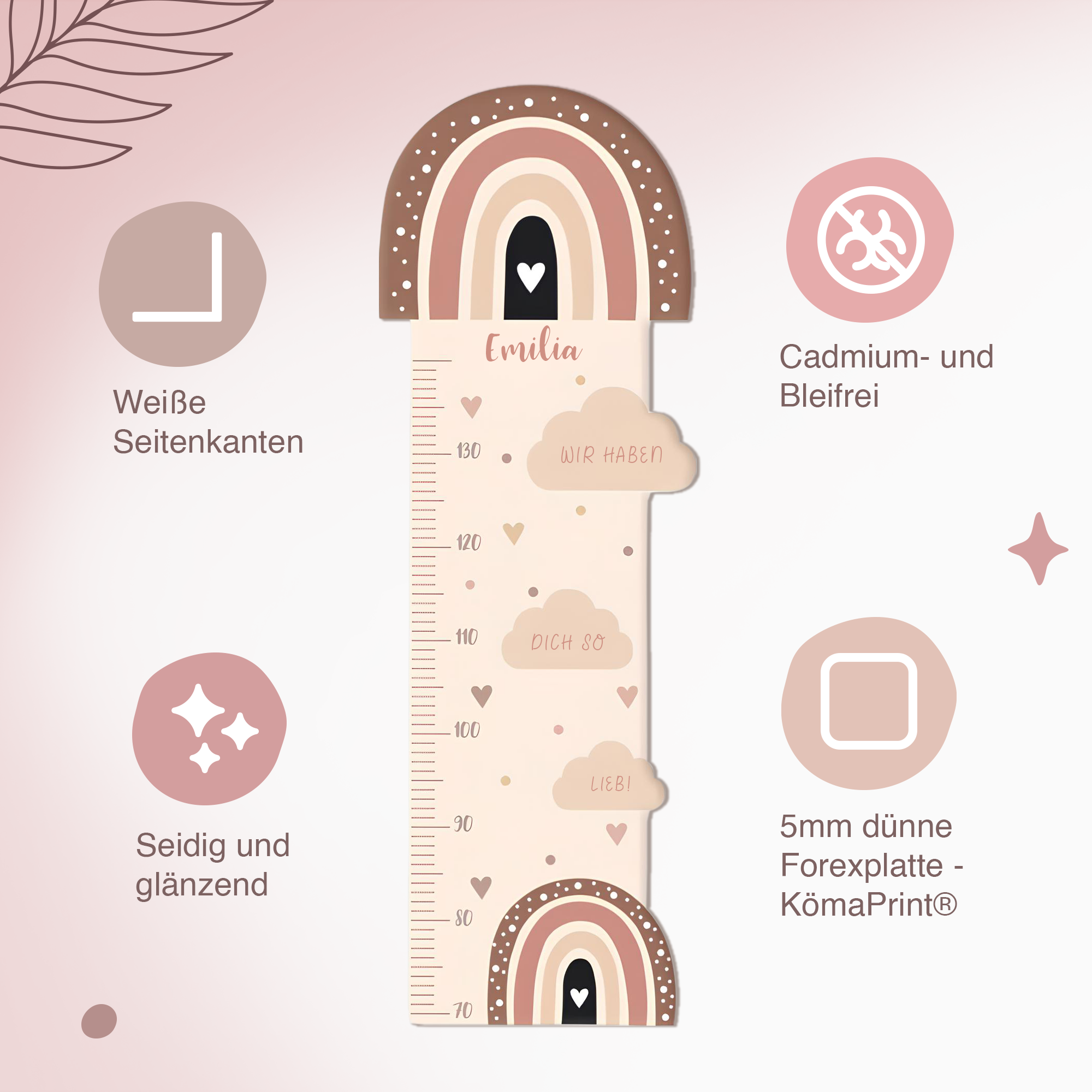 Messlatte für Kinder personalisiert mit Namen und eigenen Texten - Design Regenbogen Herzchen