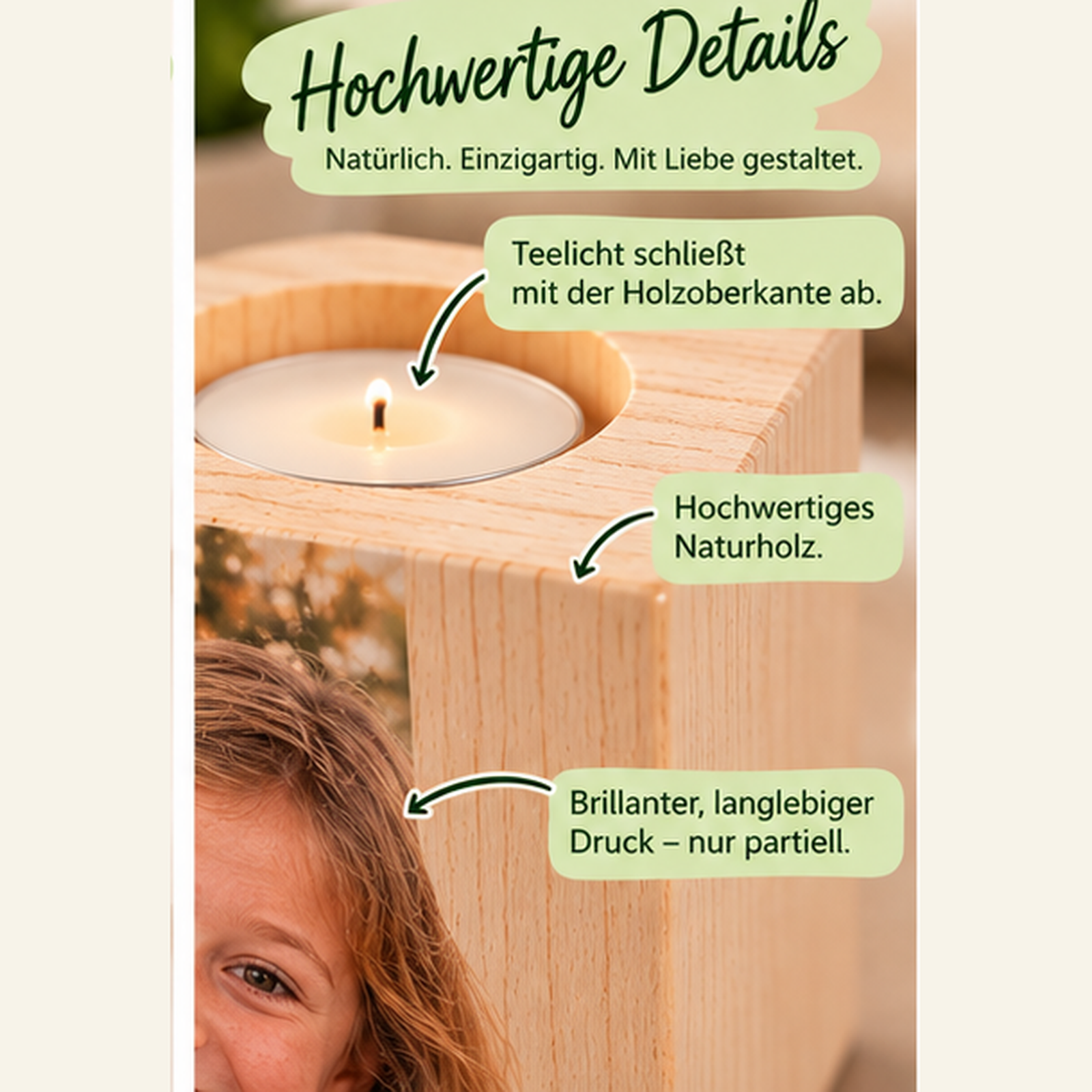 Personalisierter Teelichthalter aus Holz mit Foto oder Namen in Würfelform