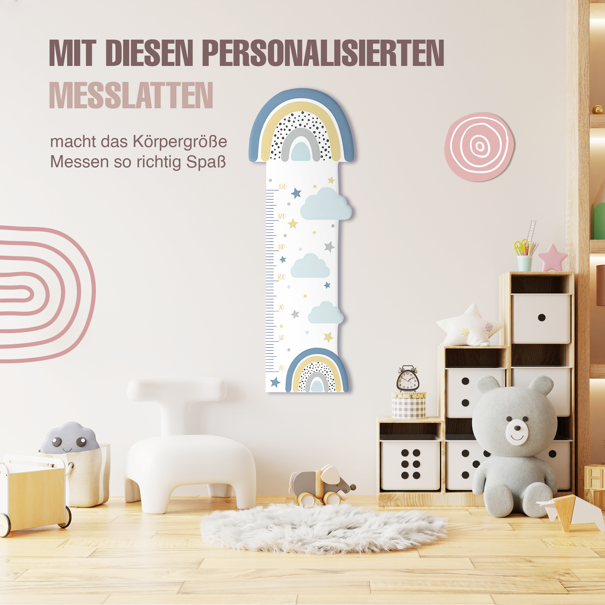 Messlatte für Kinder personalisiert mit Namen und eigenen Texten - Design Regenbogen Sternchen