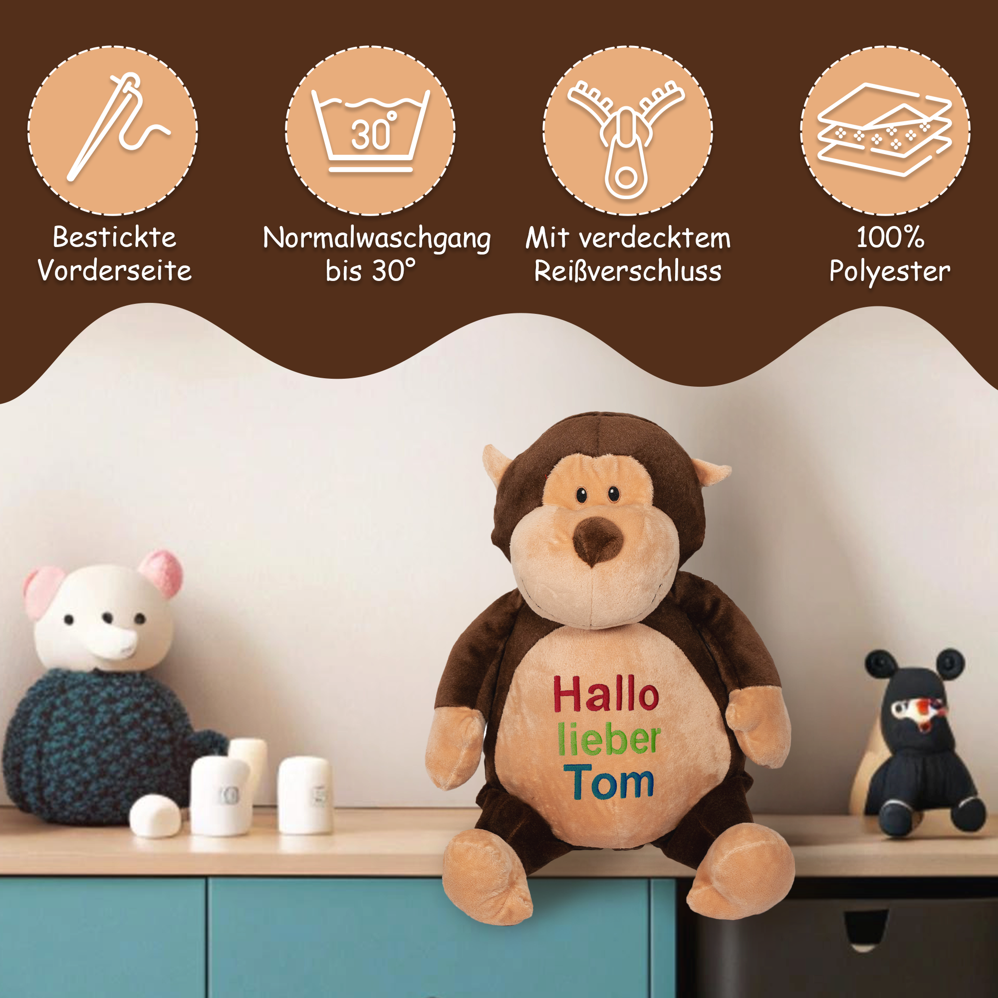 Affe Herbert mit hochwertigem Stick für eure Kleinen