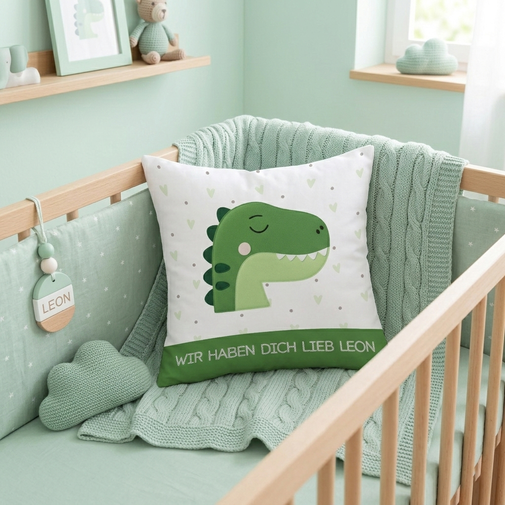 Personalisiertes Kissen „Schlummer-Dino“ – Kuschelweich in Stick-Optik