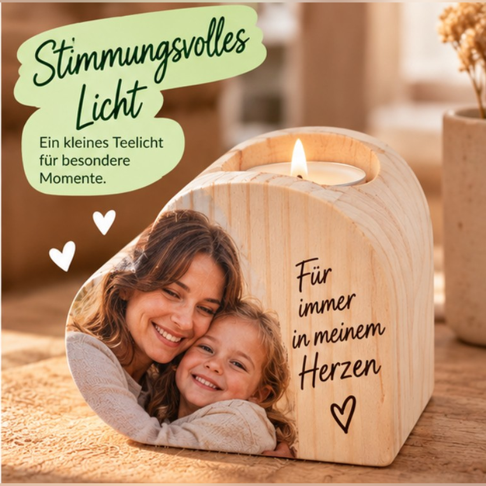 Personalisierter Teelichthalter aus Holz mit Foto oder Namen in eleganter Herzform
