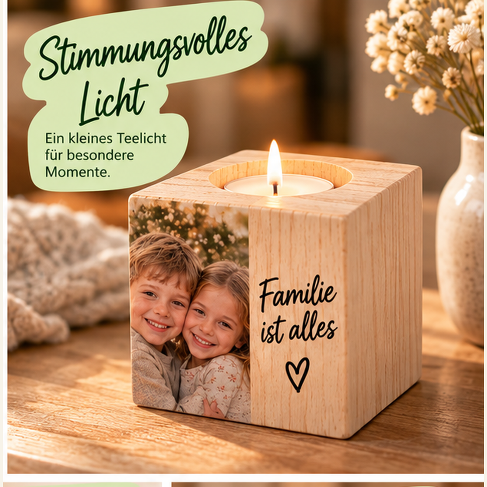 Personalisierter Teelichthalter aus Holz mit Foto oder Namen in Würfelform